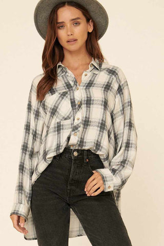 Oversized Loose Fit Plaid Shirt-Grey