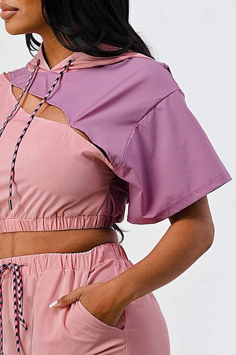 Pants Set In Color Block With Hoodie And Detachable Bottom Part-Mauve