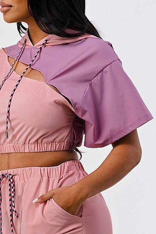 Pants Set In Color Block With Hoodie And Detachable Bottom Part-Mauve