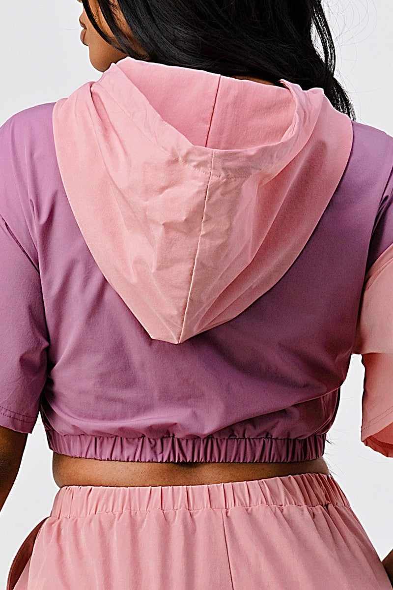 Pants Set In Color Block With Hoodie And Detachable Bottom Part-Mauve