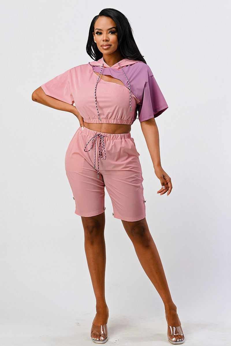 Pants Set In Color Block With Hoodie And Detachable Bottom Part-Mauve