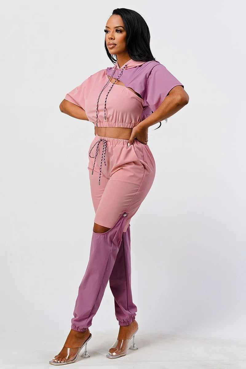 Pants Set In Color Block With Hoodie And Detachable Bottom Part-Mauve