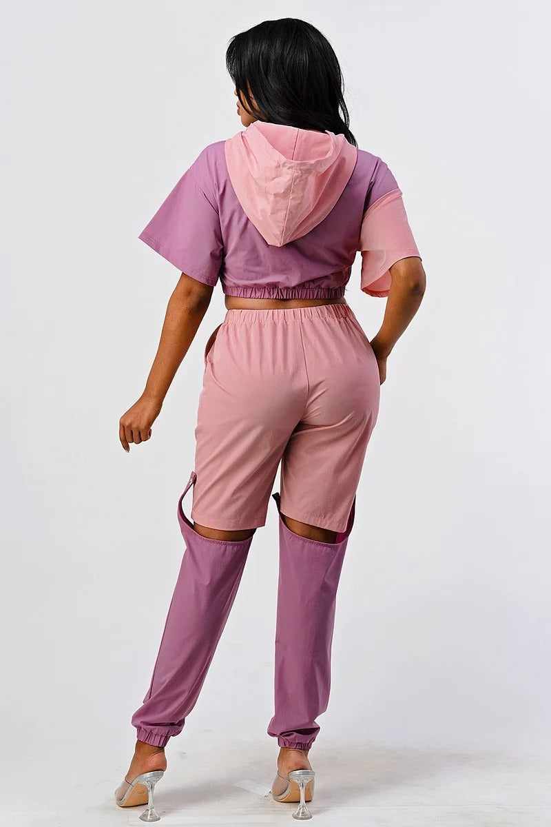 Pants Set In Color Block With Hoodie And Detachable Bottom Part-Mauve