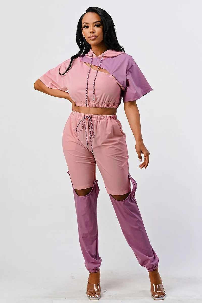 Pants Set In Color Block With Hoodie And Detachable Bottom Part-Mauve