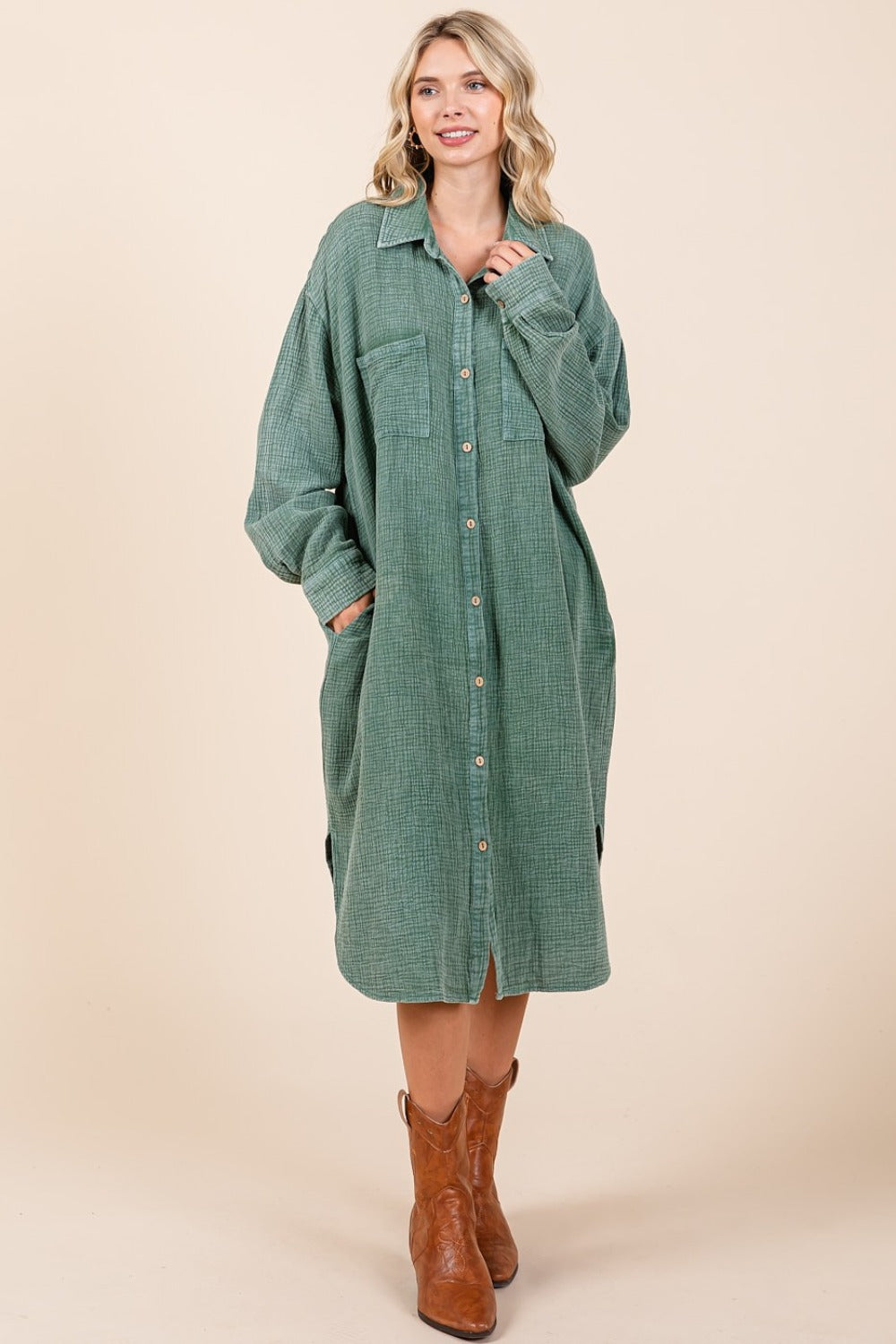 Pine mineral wash cotton gauze midi shirt dress with buttoned front and side slits, 100% cotton, modeled with tan boots.