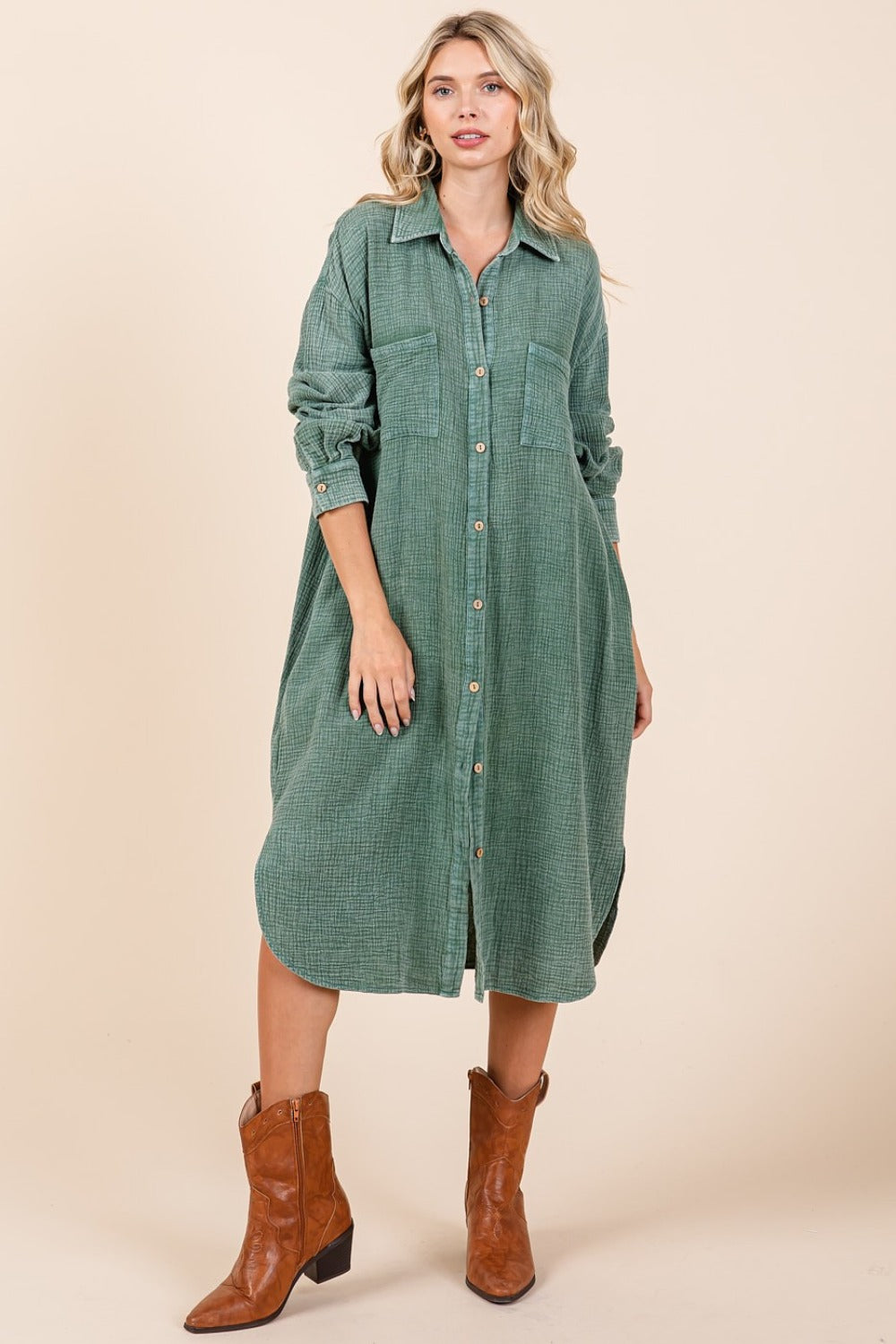 Pine mineral wash cotton gauze midi shirt dress with buttons and slits, styled with brown boots.