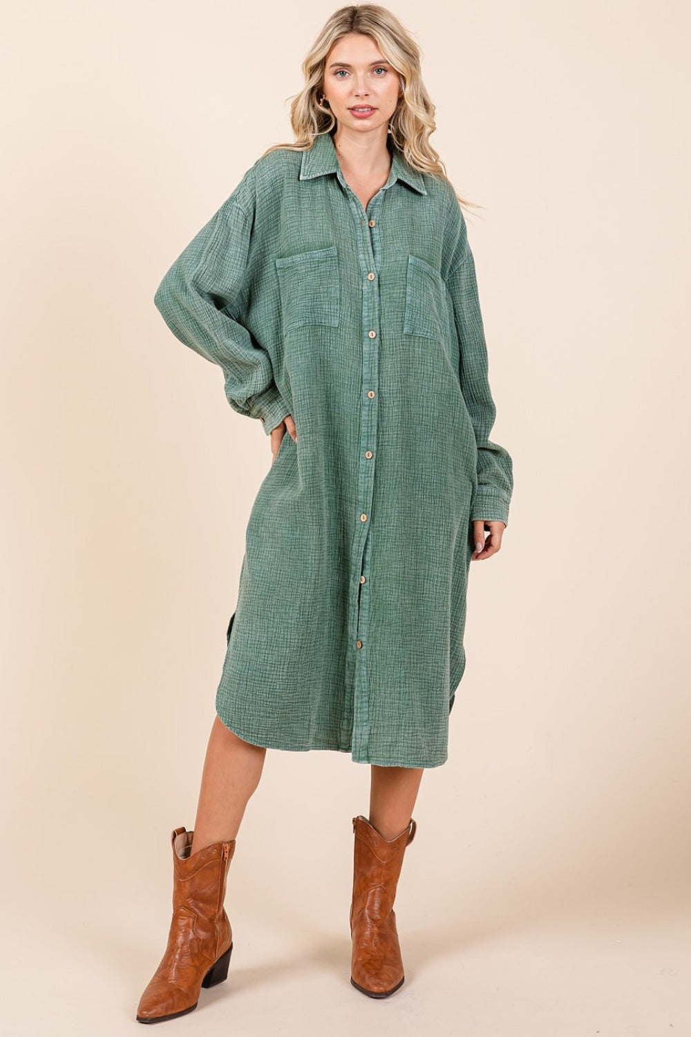 Pine mineral wash cotton gauze midi shirt dress with buttons and slits, worn with brown boots.