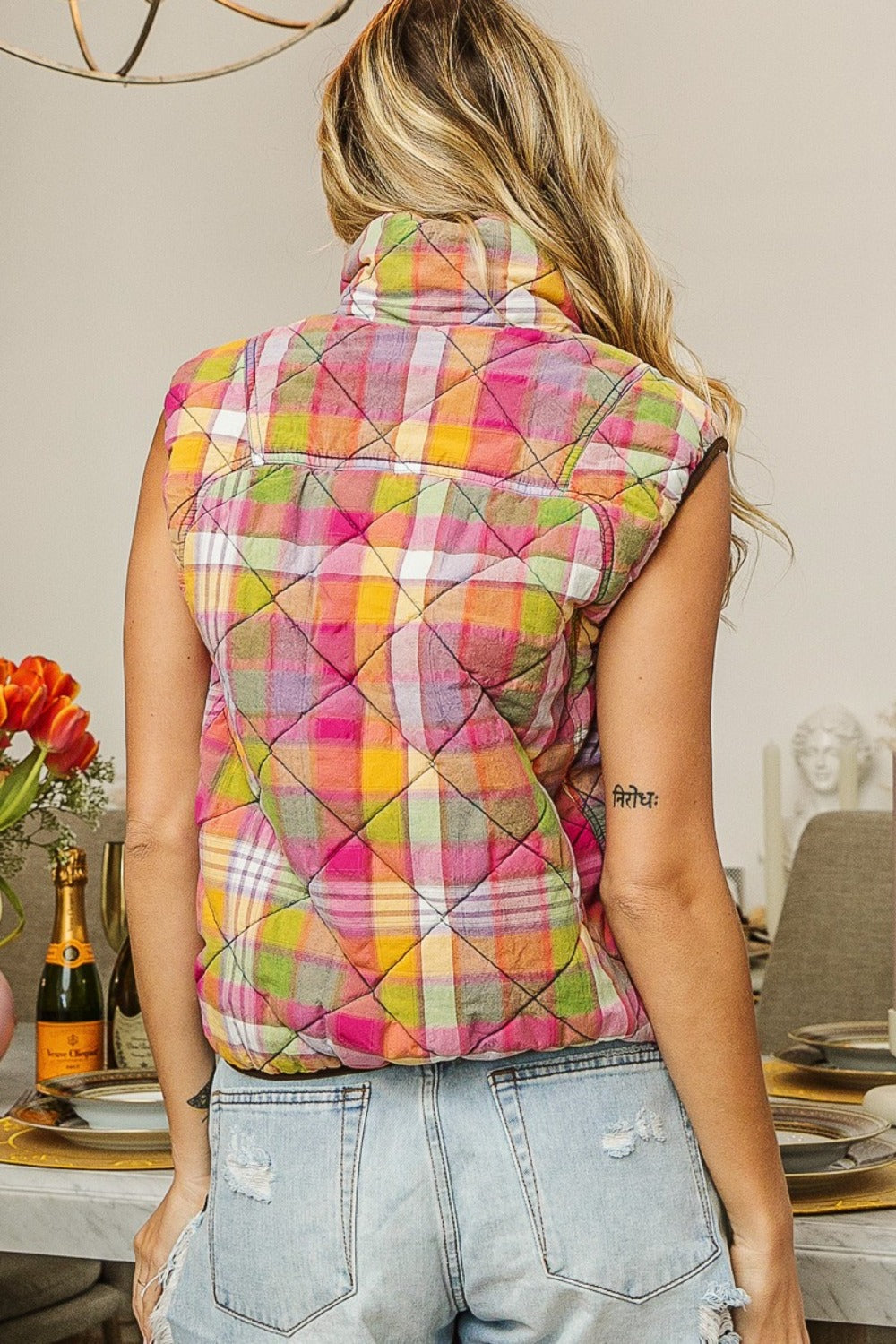 Pink Multi Color Quilted Washed Plaid Snap Down Vest | Trendy