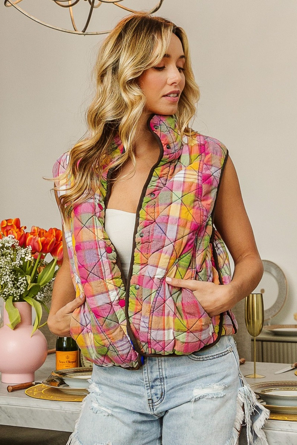 Pink Multi Color Quilted Washed Plaid Snap Down Vest | Trendy