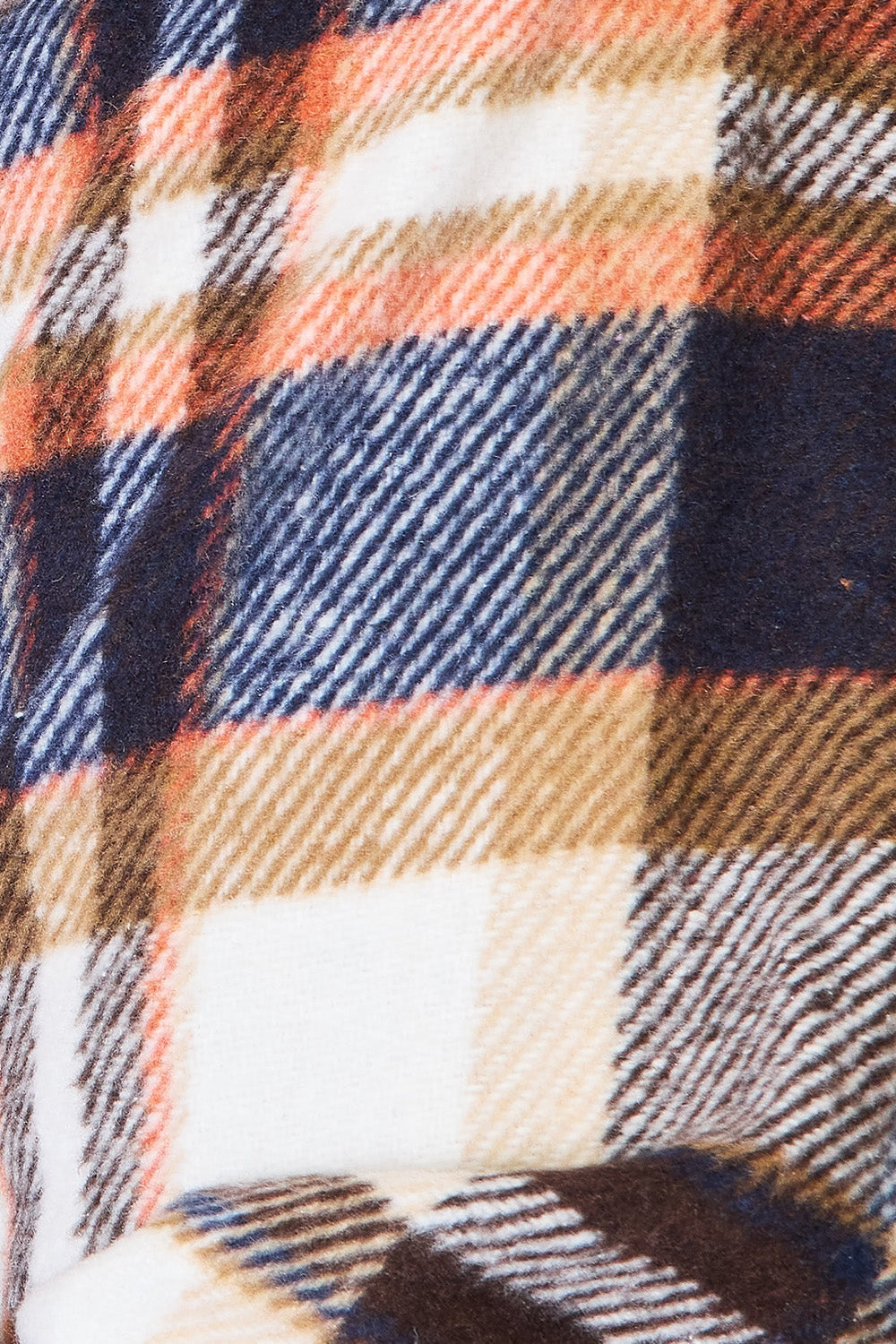 Close-up of plaid pattern on Double Take Plaid Shirt Jacket in navy, beige, and orange.