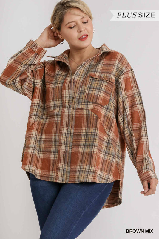 Plaid Collar Button Down Overshirt-Brown