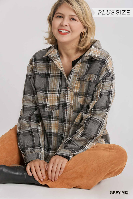 Plaid Collar Button Down Overshirt-Grey