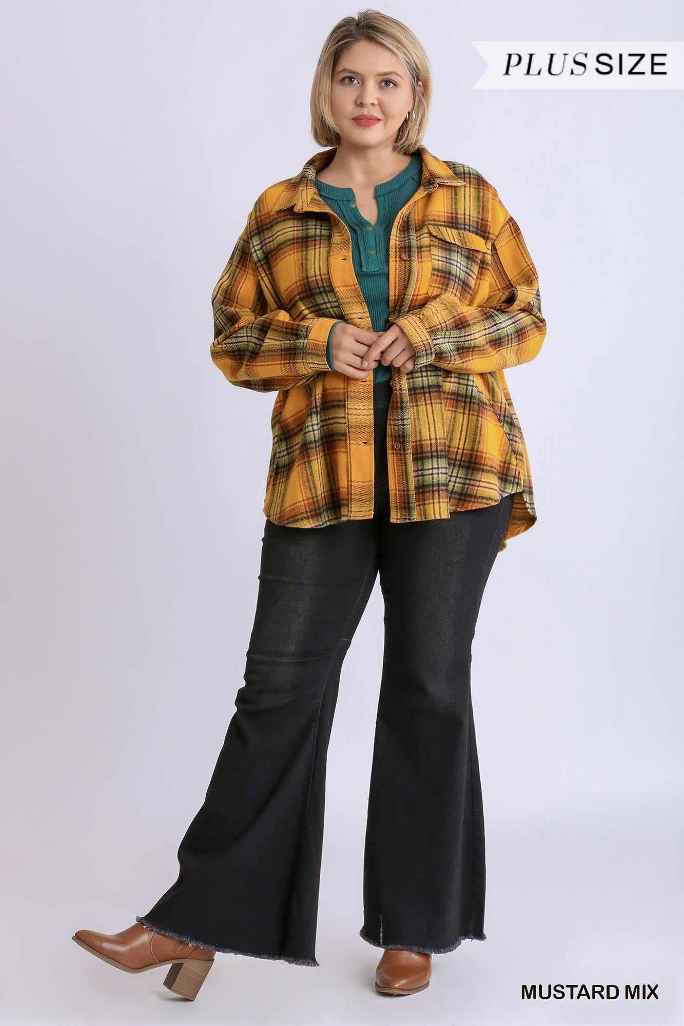 Plaid Collar Button Down Overshirt-Mustard