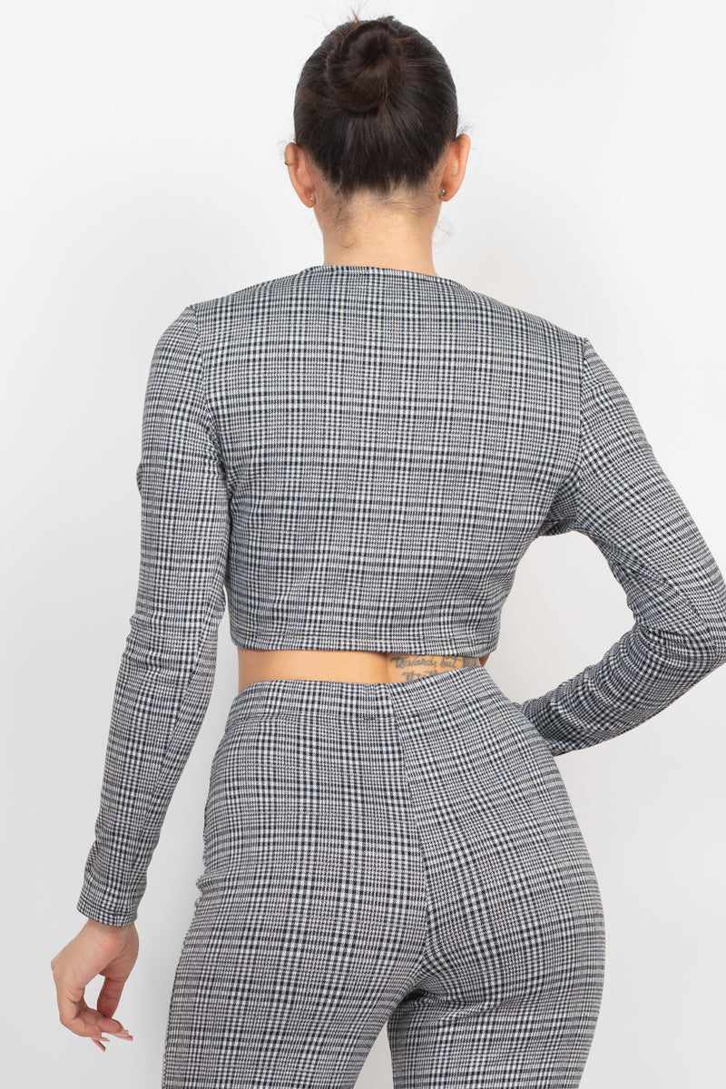 Plaid Cut-out Long Sleeve Top & Pants Set-Black