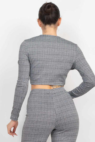 Plaid Cut-out Long Sleeve Top & Pants Set-Black