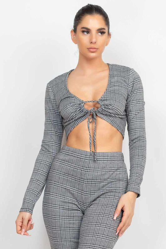 Plaid Cut-out Long Sleeve Top & Pants Set-Black