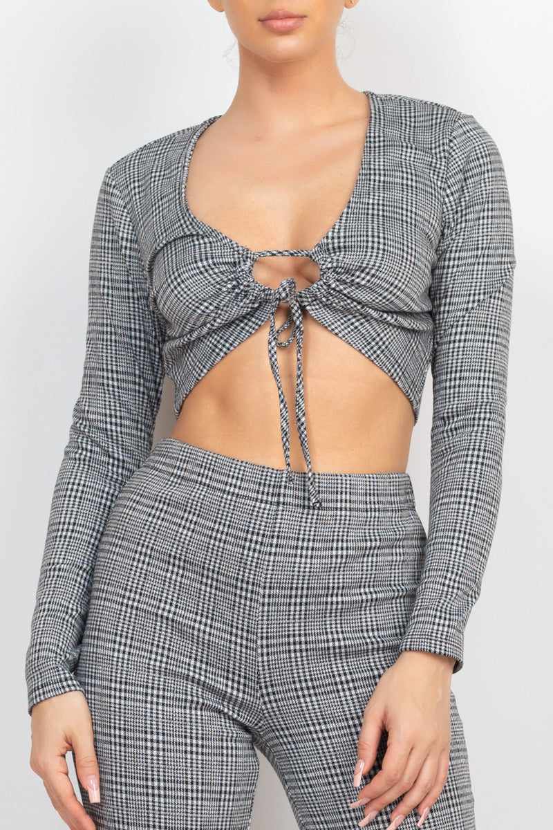 Plaid Cut-out Long Sleeve Top & Pants Set-Black