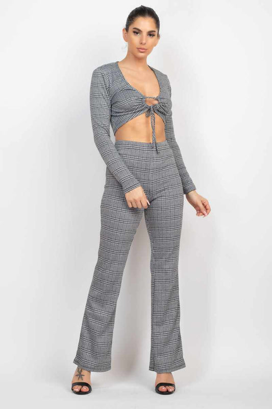 Plaid Cut-out Long Sleeve Top & Pants Set-Black