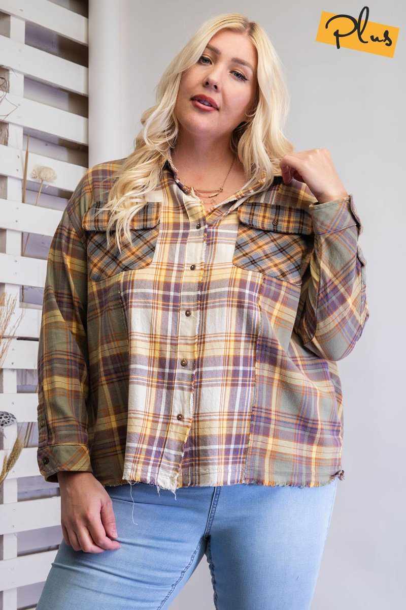 Plaid Mix Button Down Shirt-Faded Olive