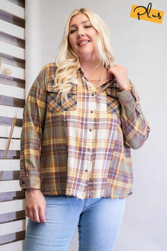 Plaid Mix Button Down Shirt-Faded Olive