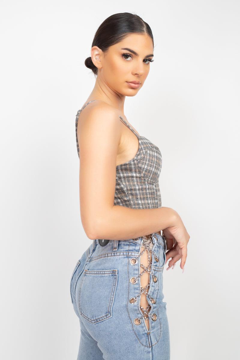 Plaid Hook & Eye Sweetheart Crop Top-Taupe/White/Black