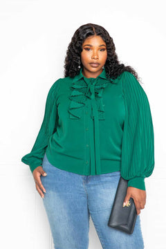 Pleated Sleeve Blouse With Bow-Forrest Green