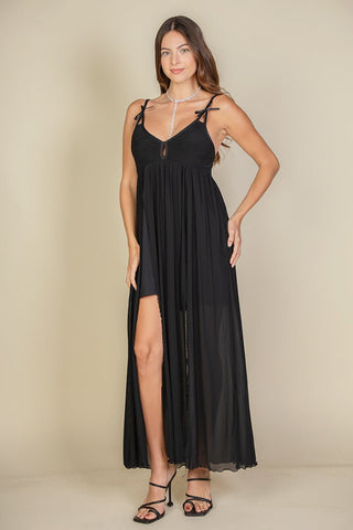 Plunge Neck Split Thigh Mesh Maxi Dress | Sheer Jersey