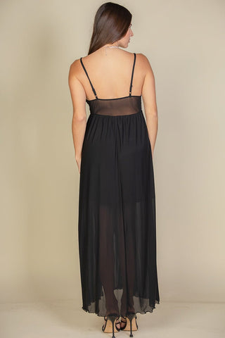 Plunge Neck Split Thigh Mesh Maxi Dress | Sheer Jersey