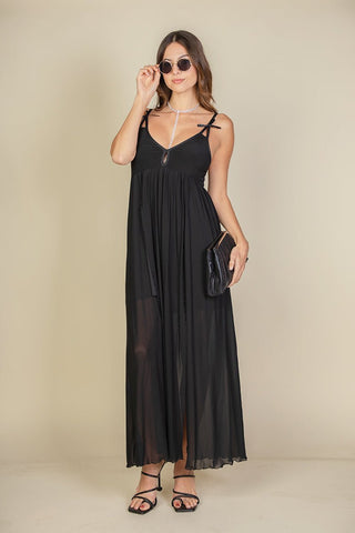 Plunge Neck Split Thigh Mesh Maxi Dress | Sheer Jersey