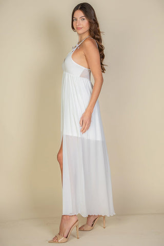 Plunge Neck Split Thigh Mesh Maxi Dress | Sheer Jersey