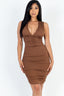 Plunging Neck Crisscross Back Ruched Bodycon Mini Dress