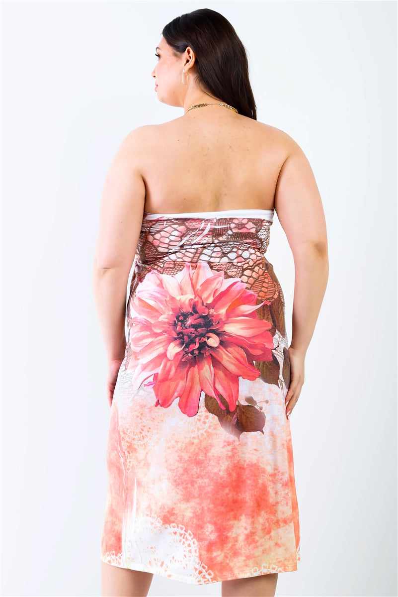 Plus size peach flower print sleeveless midi dress, back view, showcasing floral design and casual style.