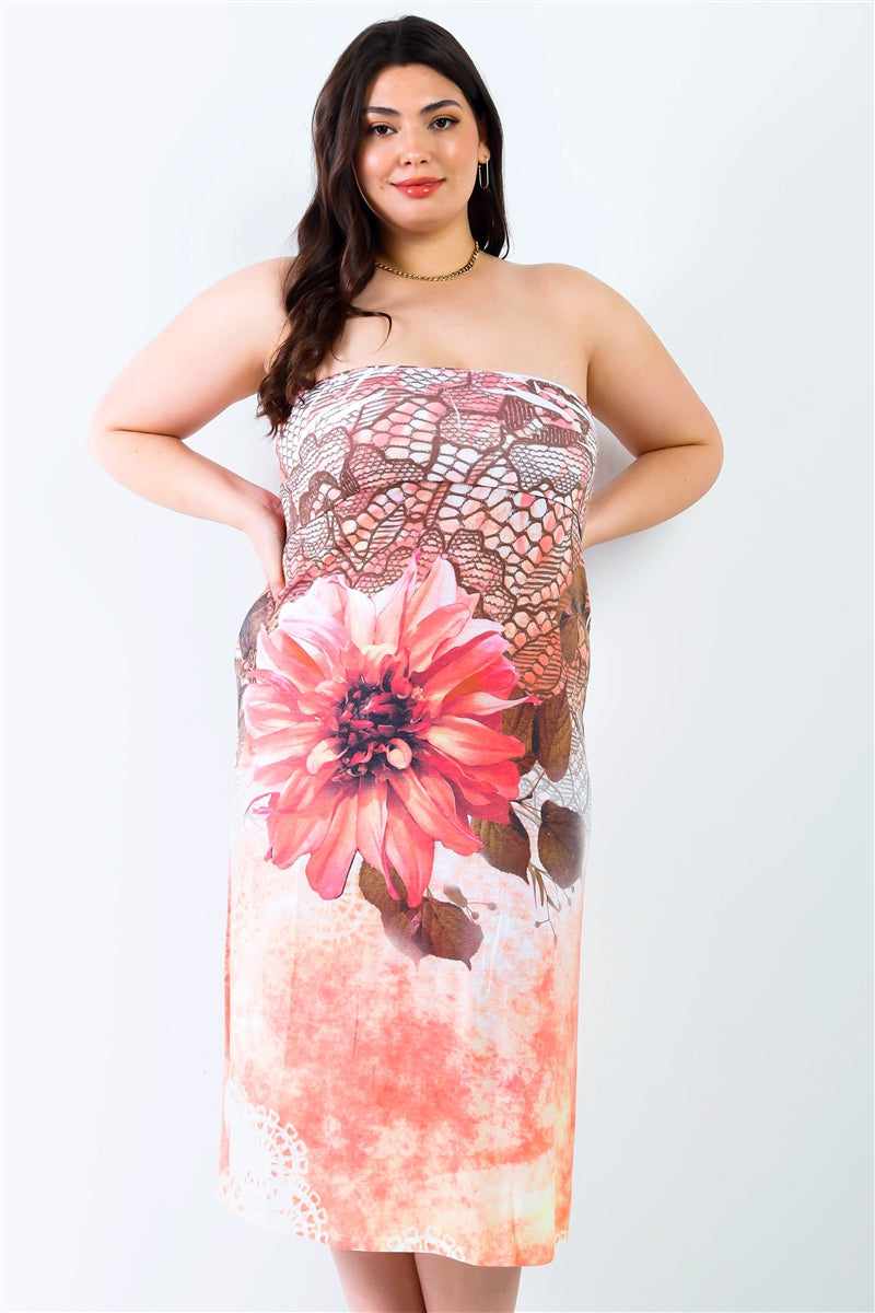 Plus size model wearing a trendy peach flower print sleeveless midi dress with a stylish elasticized top, showcasing casual elegance.