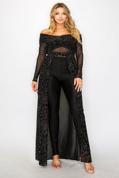 Plus Size Black Mesh Glitter See-Through Shoulder Wrap Maxi Dress