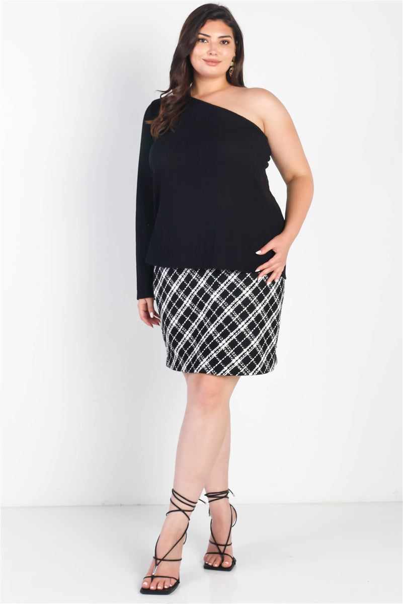 Plus Size Black Ribbed One Shoulder Top