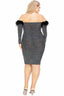 Plus Size Black Sequin Dress Off Shoulder Feather Trim Detail Black Sequin Dress