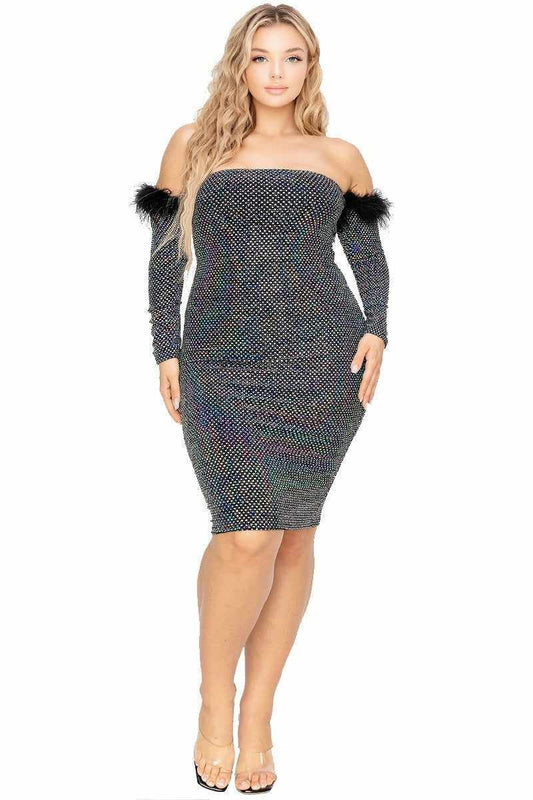 Plus size black sequin dress with off-shoulder design and feather trim sleeves in black and silver.