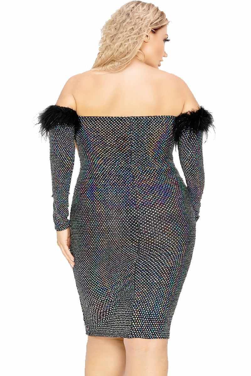 Plus size black sequin dress with off shoulder design and feather trim sleeves, rear view.