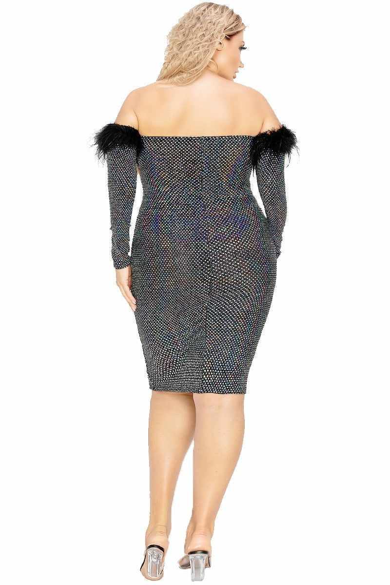 Plus size black off shoulder sequin dress with feather trim and long sleeves, back view showcasing stretch fabric and elegant design.