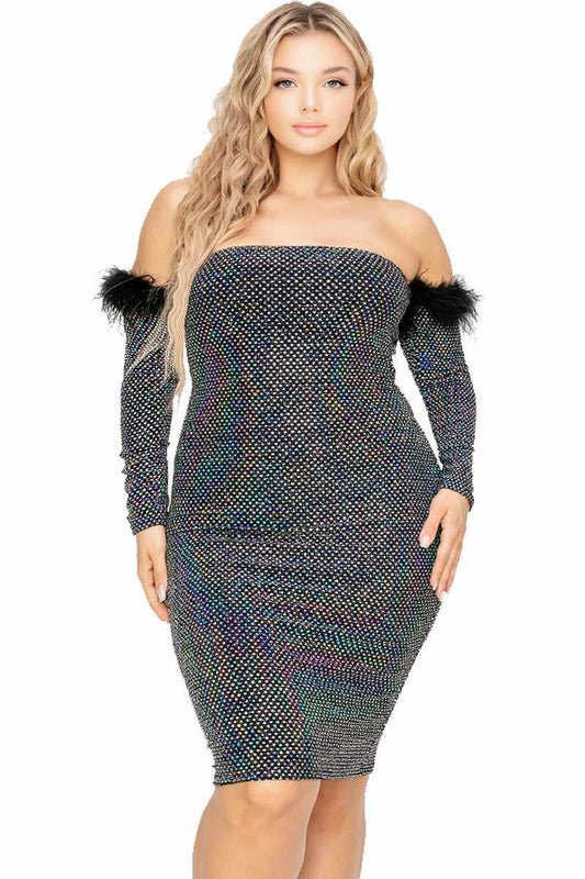 Plus size off-shoulder black sequin dress with feather trim sleeves, perfect for evening wear, available in 1XL to 3XL sizes.