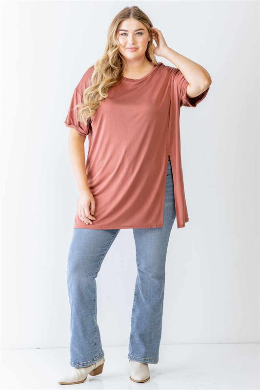 Plus Size Brick Round Neck Short Sleeve Relax Top