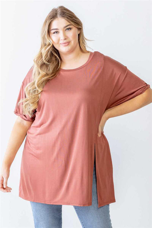 Plus Size Brick Round Neck Short Sleeve Relax Top