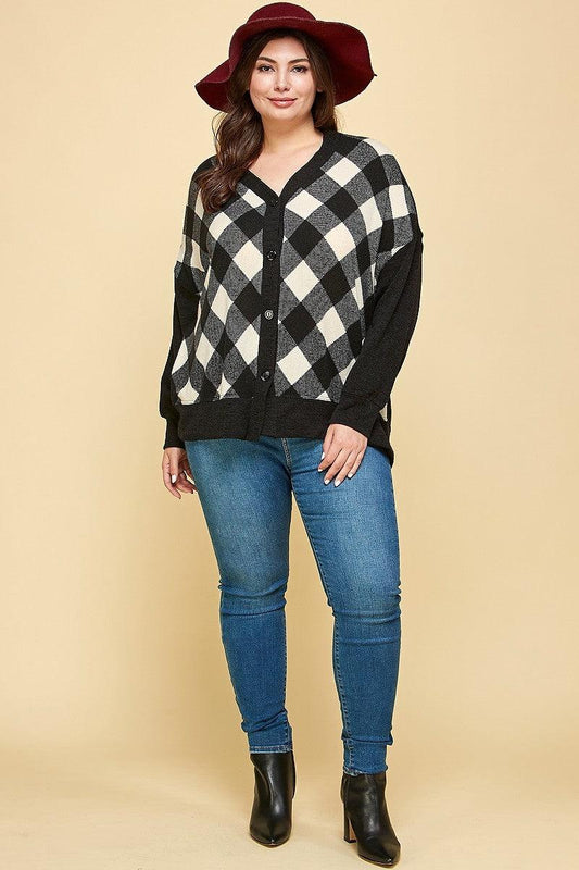 Plus Size Buffalo Plaid Knit Button Up Oversize Cardigan with Black and White Checks, Modeled with Jeans and Hat