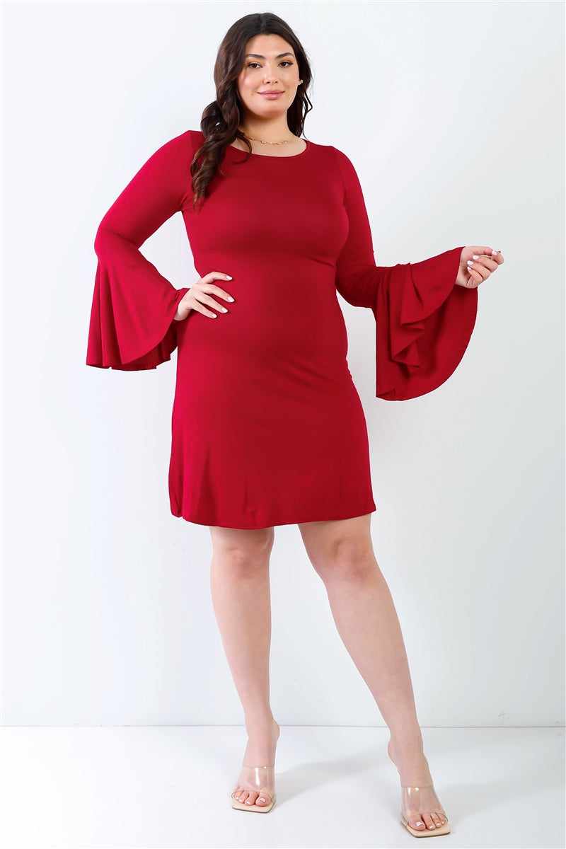 Plus size burgundy mini dress with bell sleeves, round neckline, and slim fit, perfect for a trendy and casual everyday look.