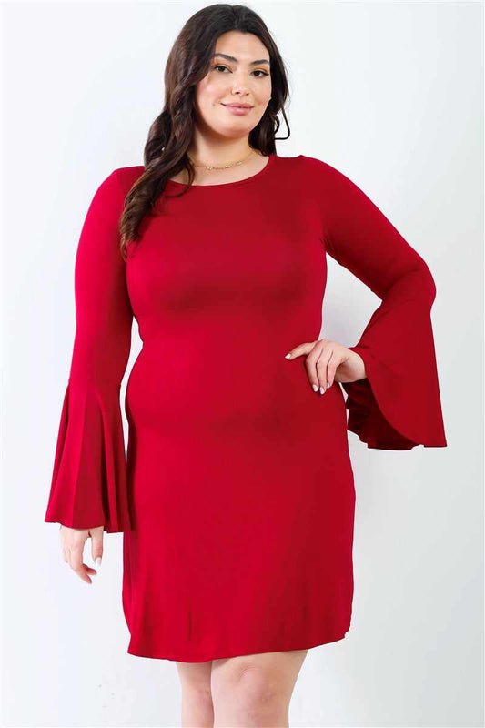 Plus size burgundy mini dress with long bell sleeves, round neckline, and slim fit, showcasing a chic and trendy fashion style.