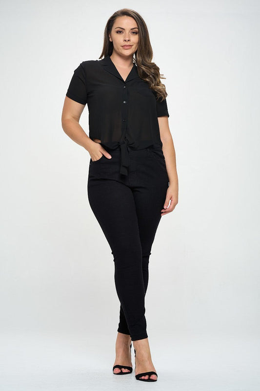 Plus Size Chiffon Tie Front Black Short Sleeve Top