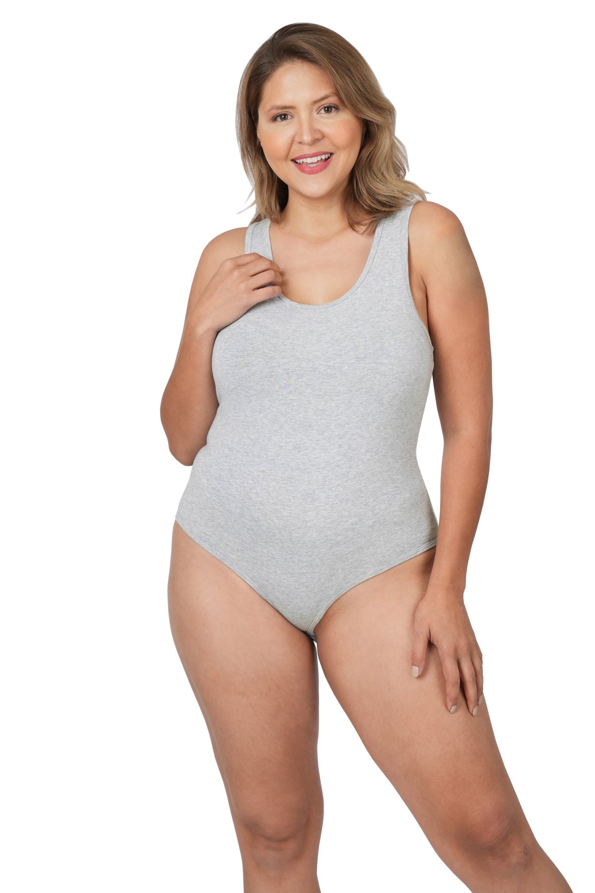 Plus premium cotton racerback tank bodysuit in charcoal gray on model, featuring adjustable hook and eye closure, front view.