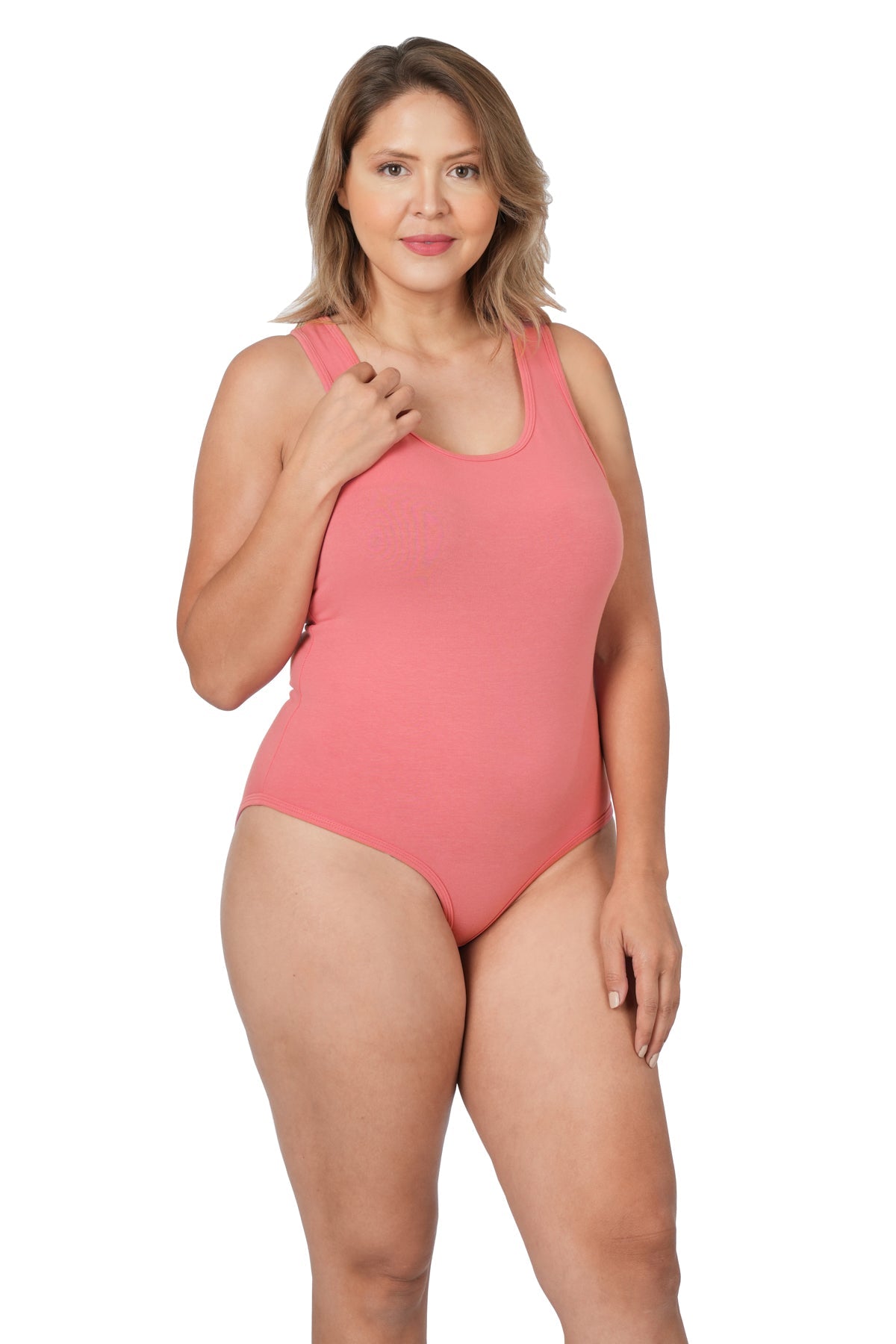 Plus size woman wearing coral pink premium cotton racerback tank bodysuit with adjustable hook and eye closure.