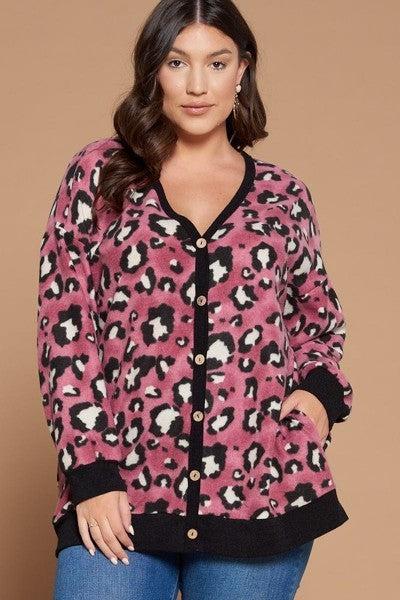 Plus size cozy animal print button-up cardigan in wine with side pockets, made in USA, featuring 96% polyester and 4% spandex.