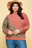 Plus Size Cute Animal French Terry Brush Contrast Print Pullover-Rust
